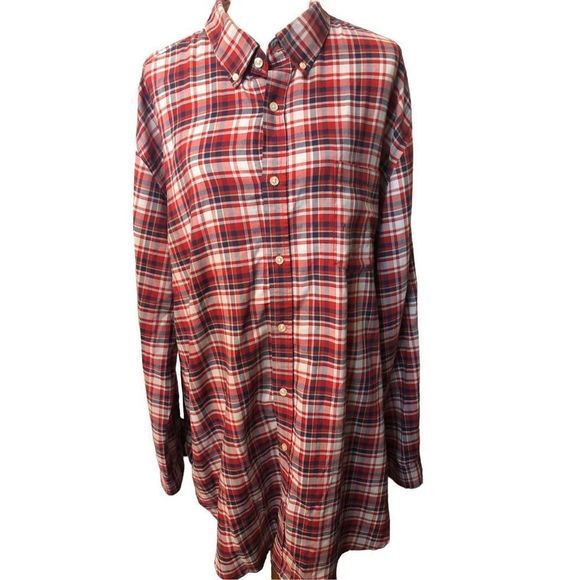 Foundry red white blue plaid long sleeve shirt 3XLT 

Pit to pit 28” flat 
Lengt - Picture 3 of 7